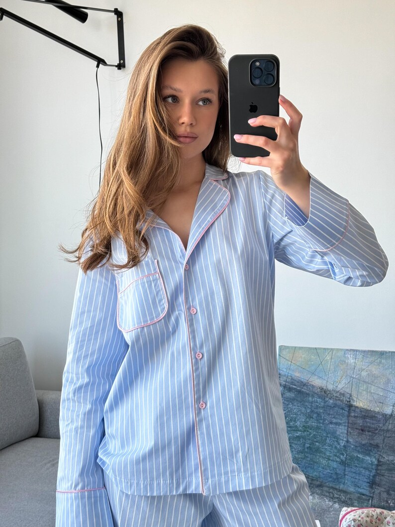 Striped Cotton Pajama Set for Women, Sleepwear with Button-Up Shirt & Pants, Shorts
