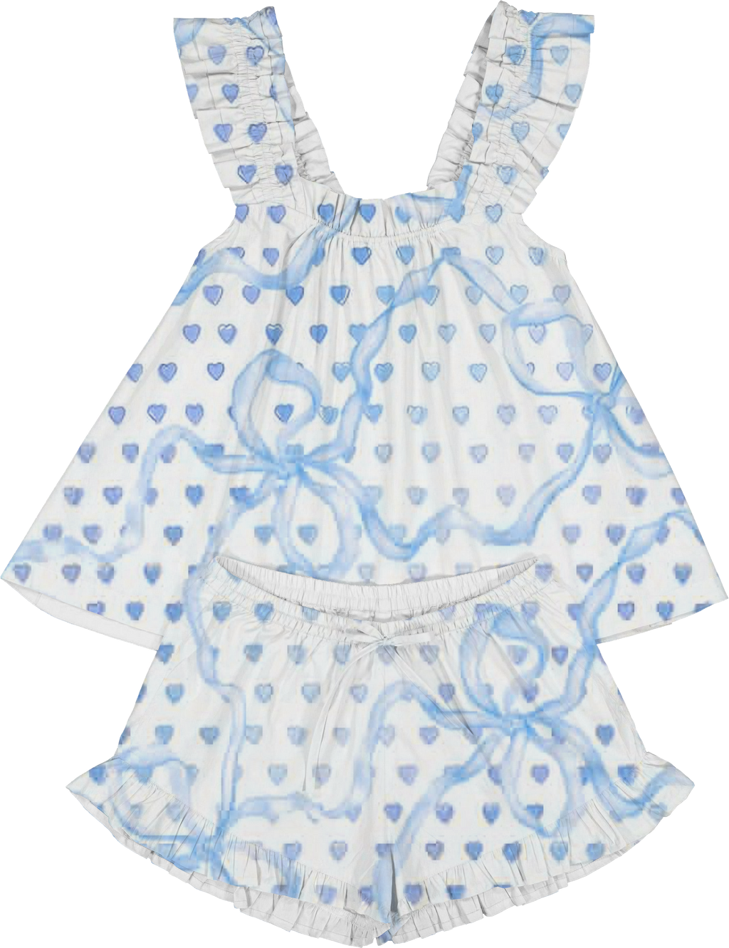 Heart Bow Print Ruffled Trim Short Tank Top Shorts Pajama Set