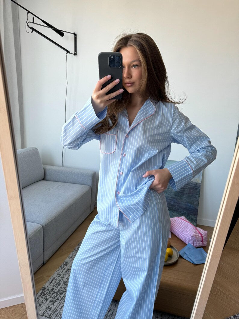 Striped Cotton Pajama Set for Women, Sleepwear with Button-Up Shirt & Pants, Shorts