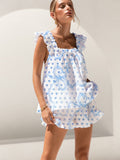 Heart Bow Print Ruffled Trim Short Tank Top Shorts Pajama Set