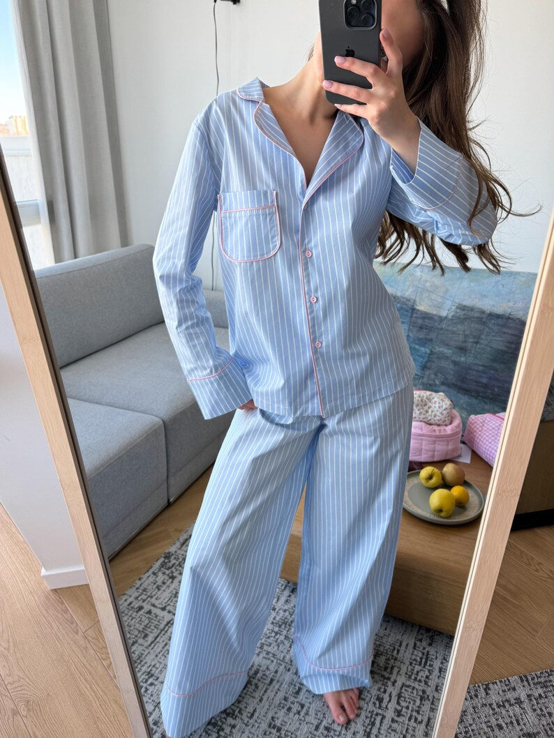 Striped Cotton Pajama Set for Women, Sleepwear with Button-Up Shirt & Pants, Shorts