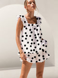 Black Polka Dot Print Ruffled Trim Short Tank Top Shorts Pajama Set