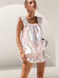 Pink Polka Dot Bow Flower Print Ruffled Trim Short Tank Top Shorts Pajama Set