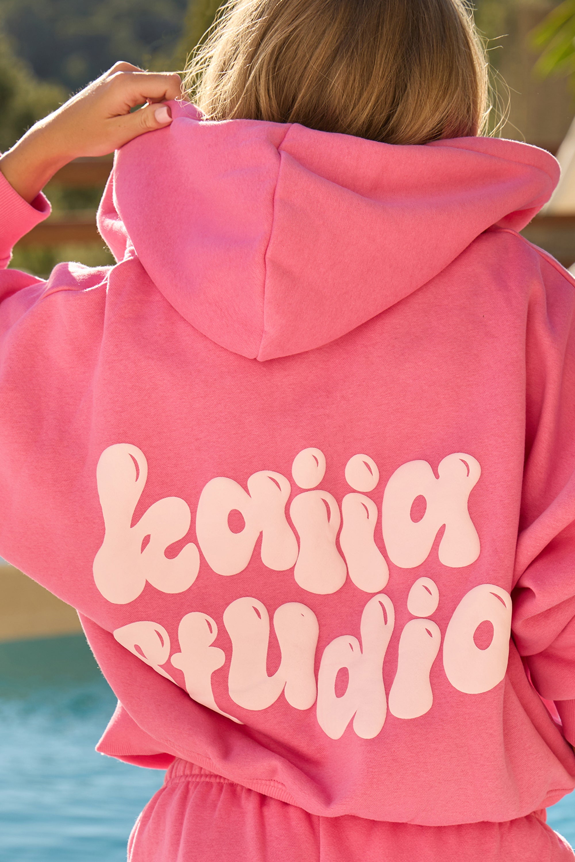 Kaiia Bubble Graphic Oversized Zip Through Hoodie Pink Spritz