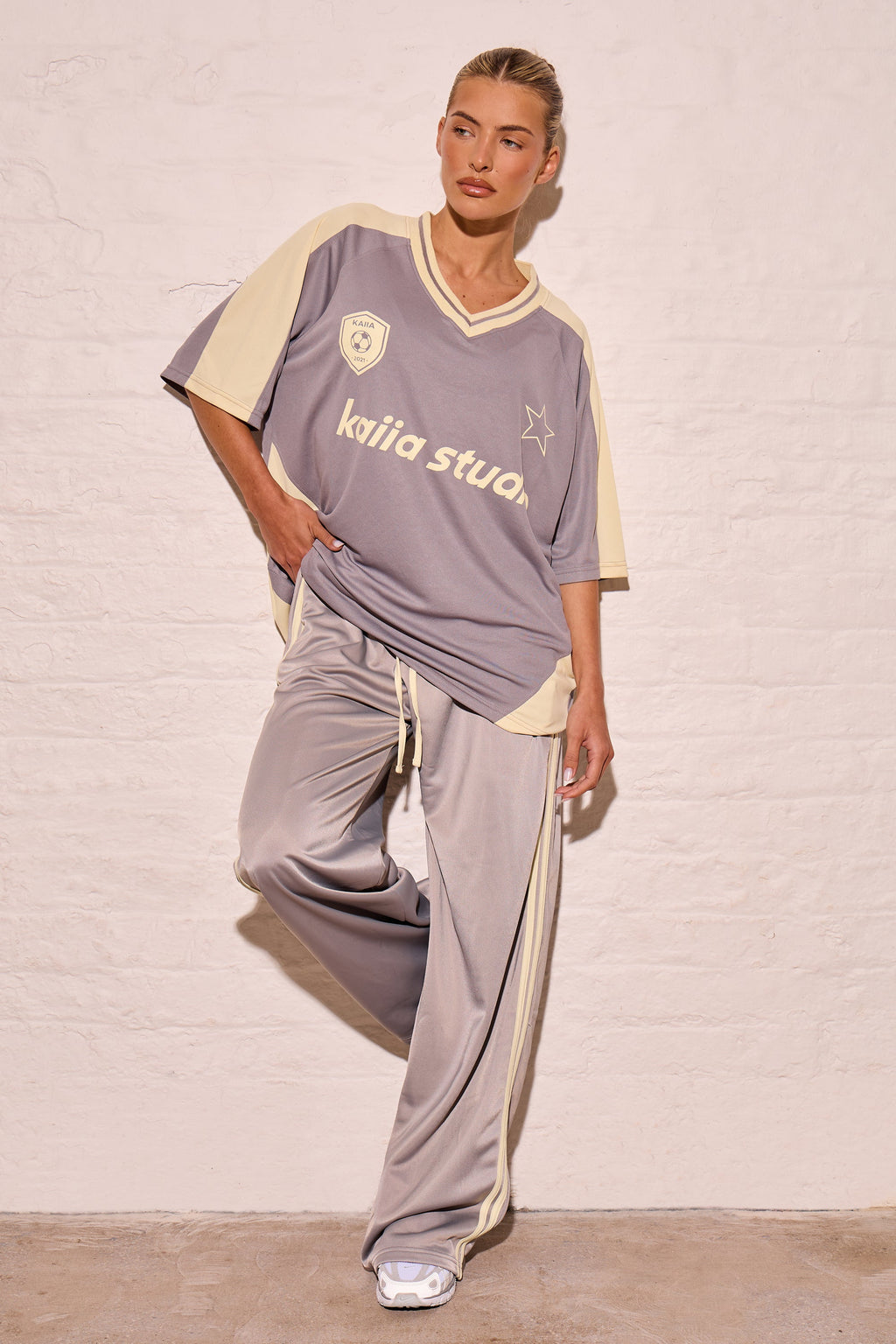 Kaiia Oversized Football Top Mist Grey & Lemon
