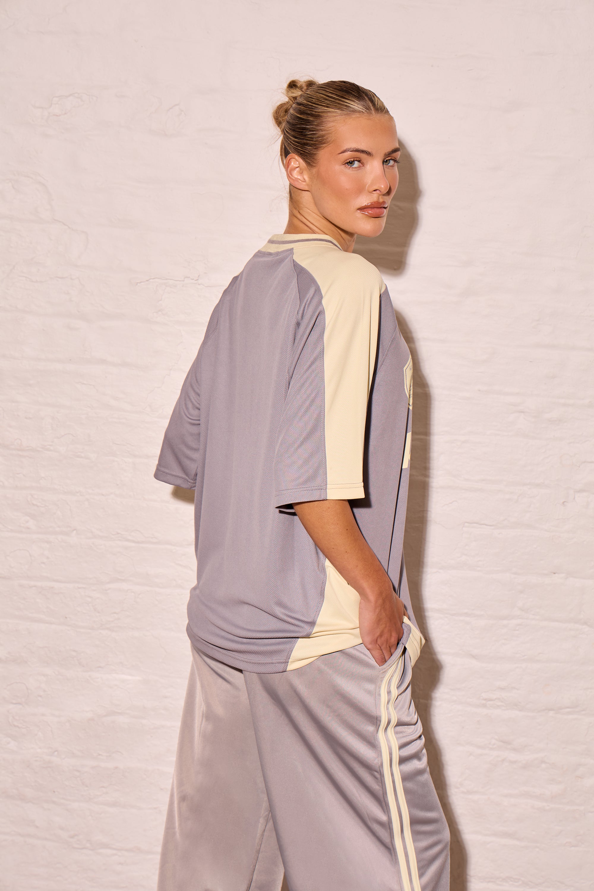 Kaiia Oversized Football Top Mist Grey & Lemon
