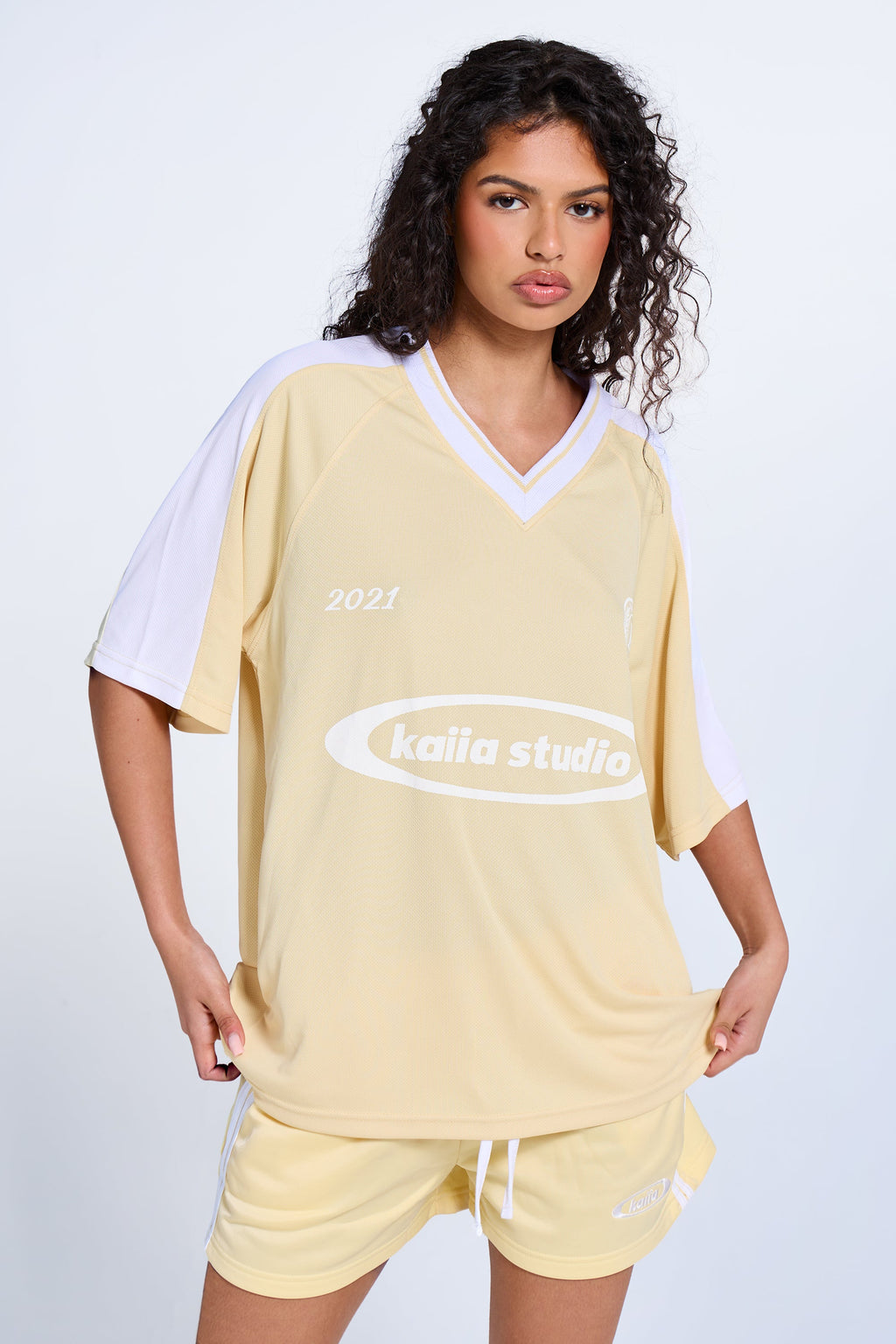 Kaiia Oversized Short Sleeve Football Top Lemon & White