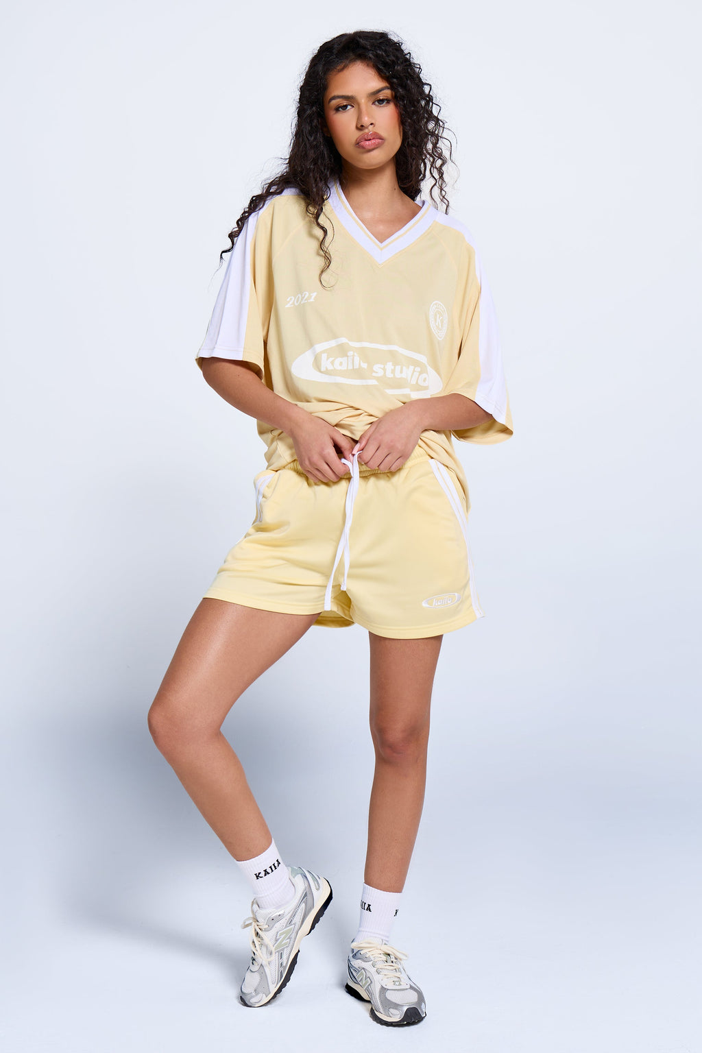 Kaiia Oversized Short Sleeve Football Top Lemon & White