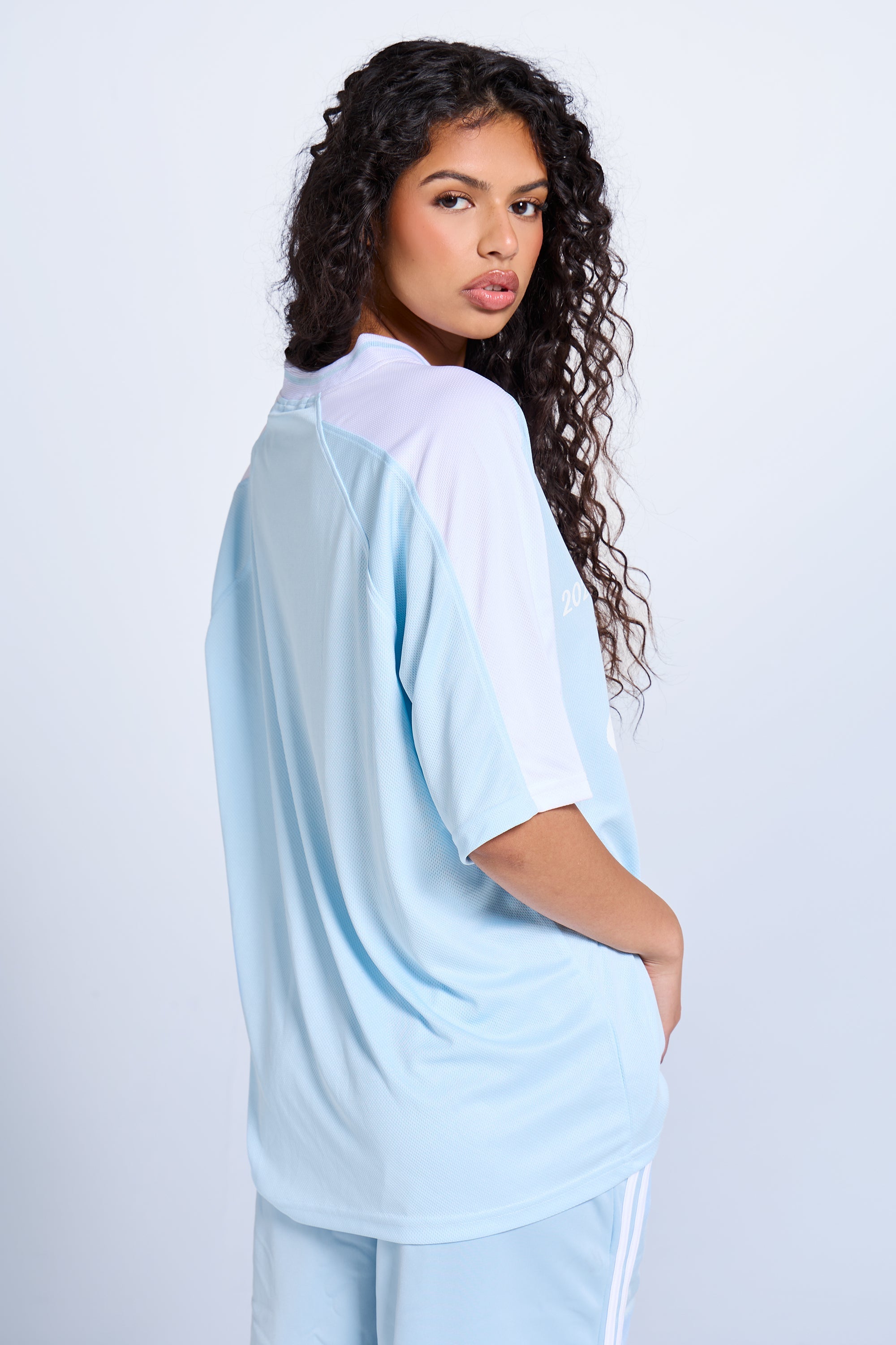 Kaiia Oversized Short Sleeve Football Top Baby Blue & White