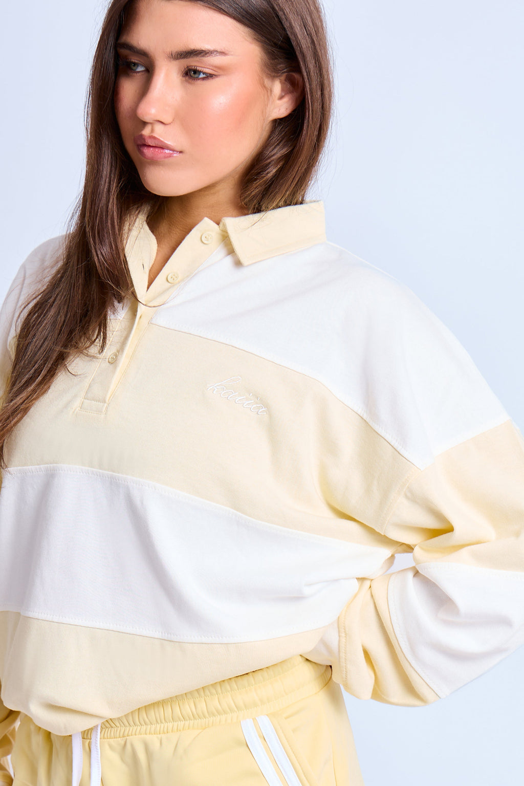 Kaiia Striped Oversized Rugby Style Top Lemon & White