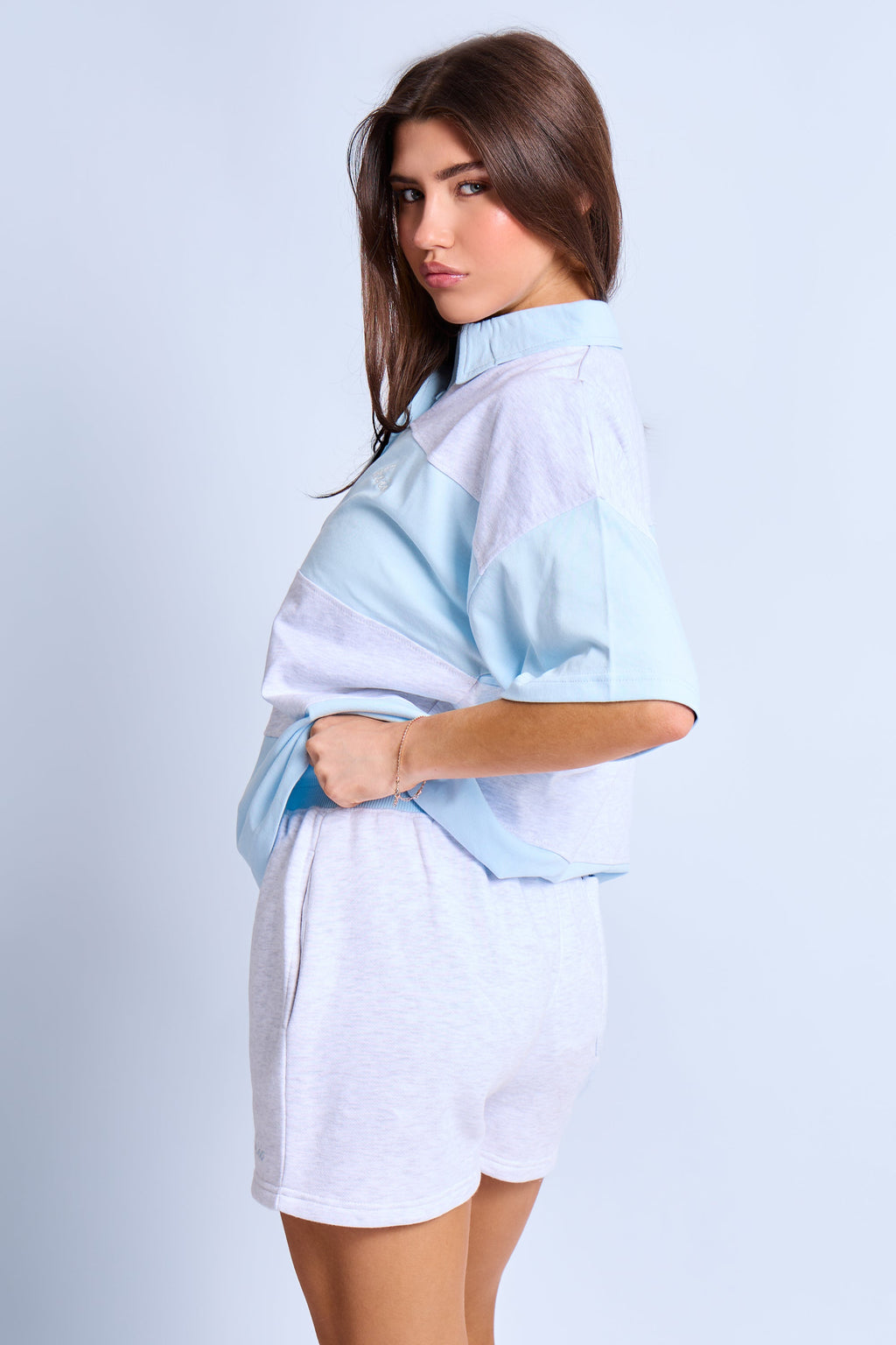 Kaiia Striped Short Sleeve Oversized Rugby Style Top Light Blue & Grey Marl
