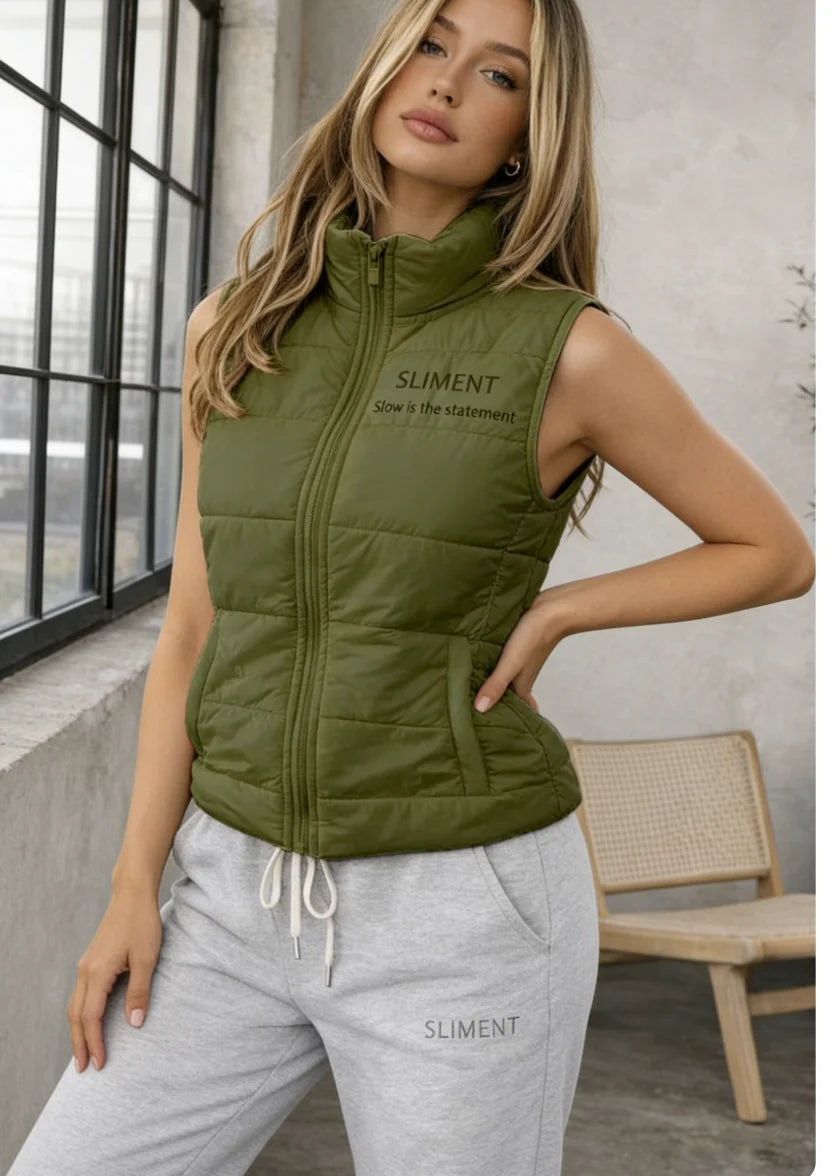 SLIMENT Letter Print Stand Collar Zip Quilted Puffer Vest | Casual Versatile Sleeveless Padded Gilet