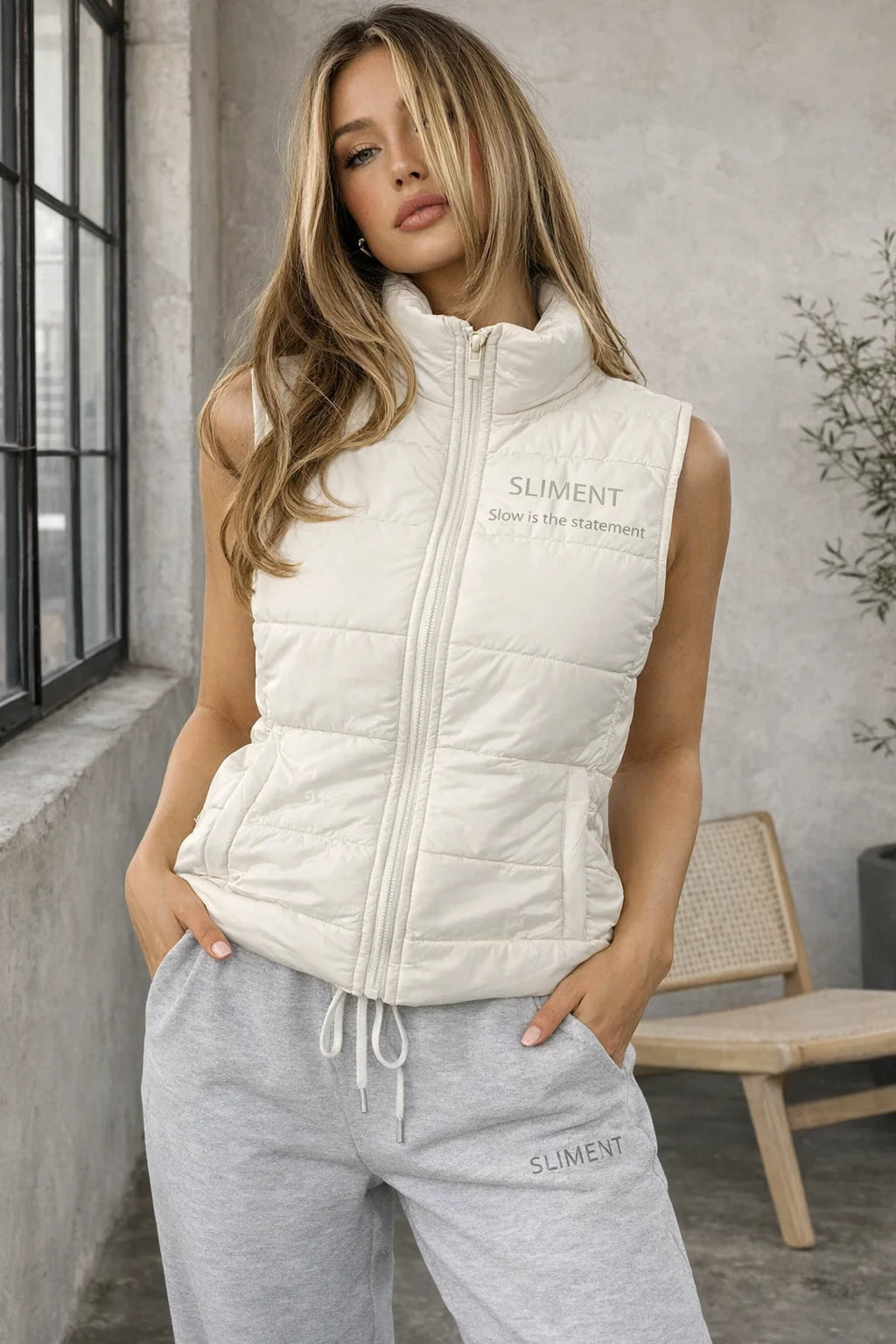 SLIMENT Letter Print Stand Collar Zip Quilted Puffer Vest | Casual Versatile Sleeveless Padded Gilet