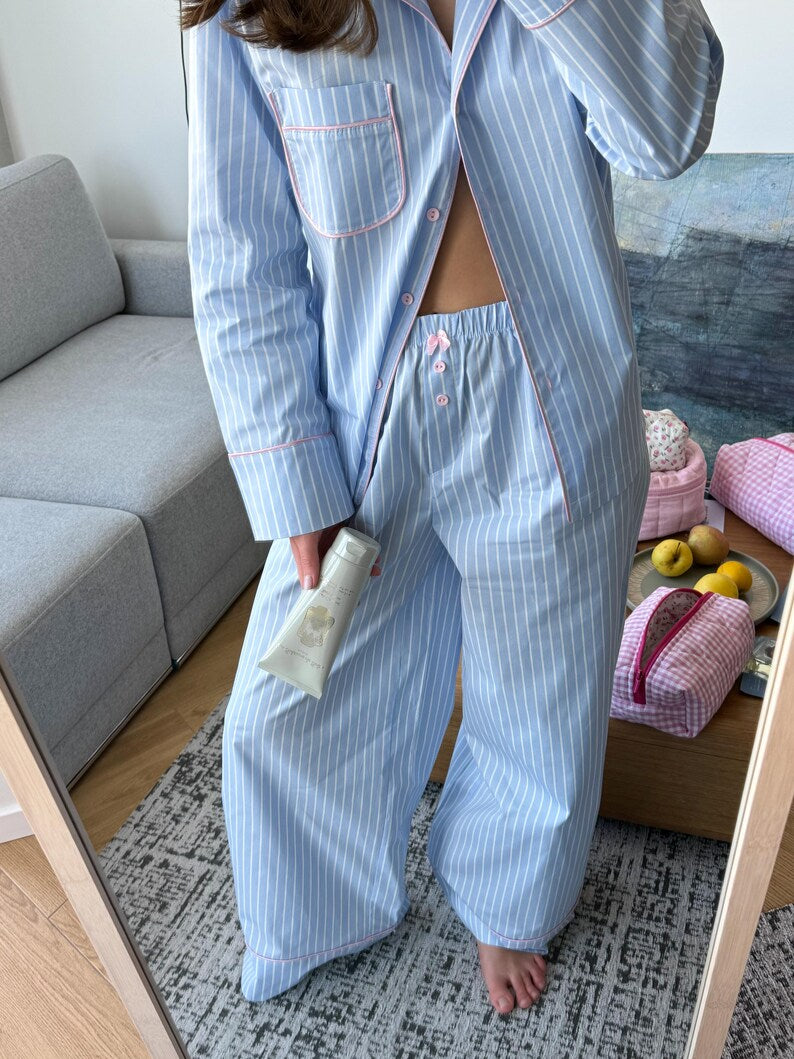 Striped Cotton Pajama Set for Women, Sleepwear with Button-Up Shirt & Pants, Shorts