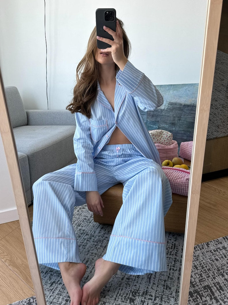Striped Cotton Pajama Set for Women, Sleepwear with Button-Up Shirt & Pants, Shorts