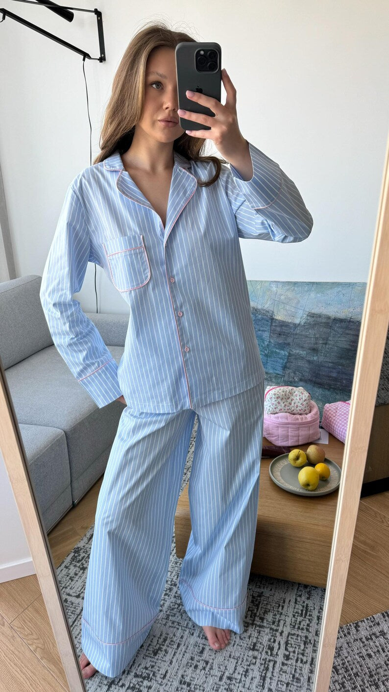 Striped Cotton Pajama Set for Women, Sleepwear with Button-Up Shirt & Pants, Shorts