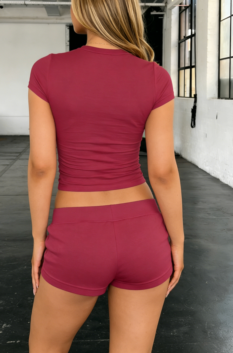 Letter Print Slim Fit Crop Top Drawstring Shorts Loungewear Set