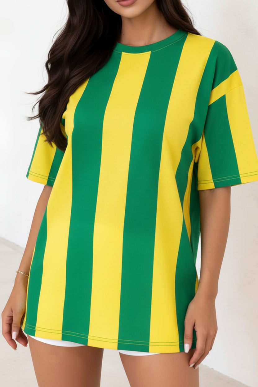 Green Yellow Stripe Tee - Striped Sleeves